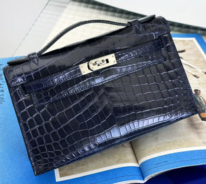 Hermes Kelly pochette Bleu Matin Shiny Niloticus Palladium hardware