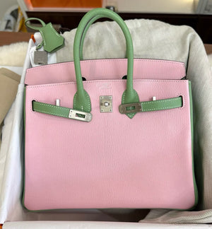 Hermes Birkin 25 HSS Rosa Sakura / Vert Criquet Chevre Palladium hardware