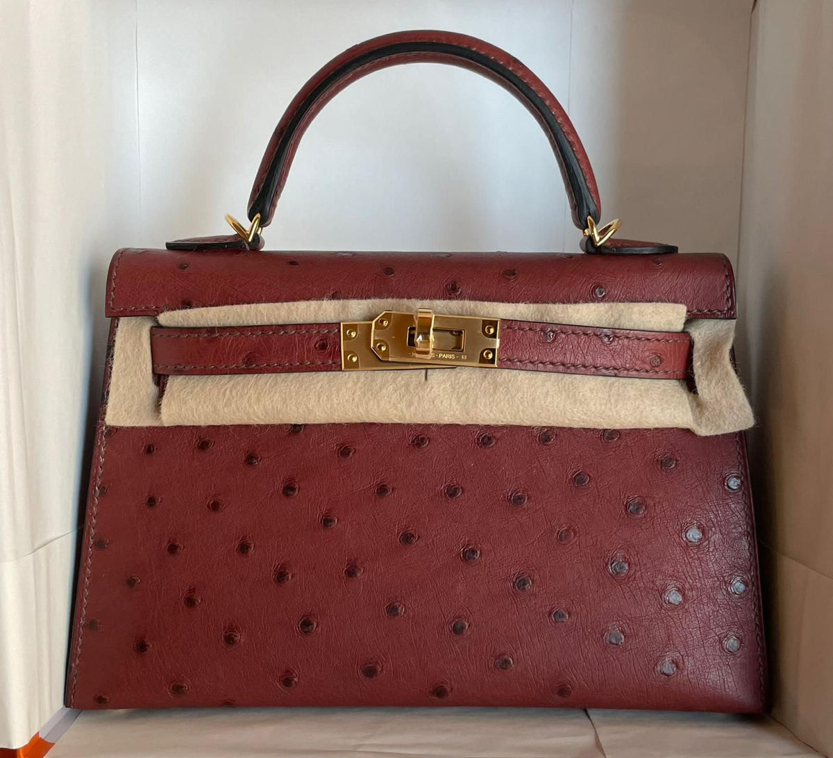 Hermes Mini Kelly 20 Rouge H Ostrich Gold hardware