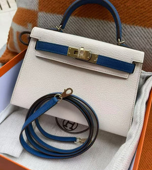 Hermes mini Kelly 20 HSS Craie x blue France Chevre mysore gold hardware