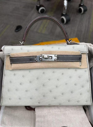 Hermes Mini Kelly 20 Gris Perle / Gris Meyer Ostrich Palladium hardware