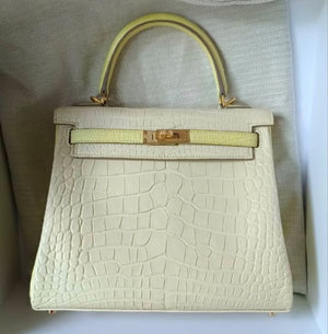 Hermes Kelly 25 HSS vanilla x lime matte alligator brushed gold hardware