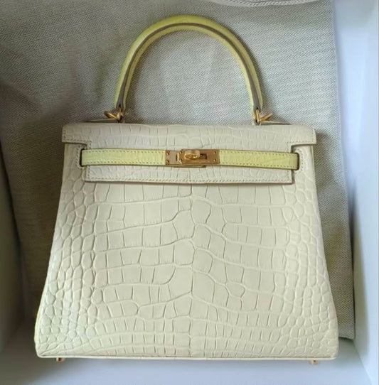 Hermes Kelly 25 HSS vanilla x lime matte alligator brushed gold hardware