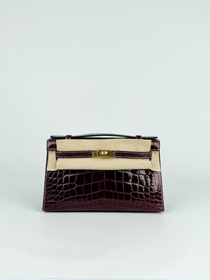 Hermes Kelly pochette HSS Verso Bordeaux / Gris Perle Shiny Alligator Gold hardware