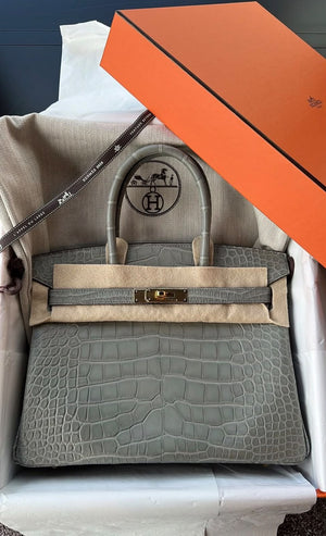 Hermes Birkin 30 Gris Ciment Matte Alligator Gold hardware