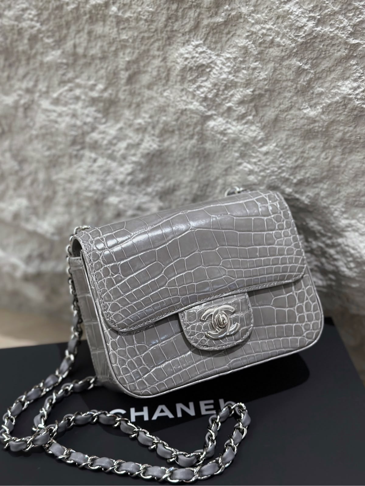 Chanel Classic Flap Micro Grey Shiny Alligator Palladium hardware