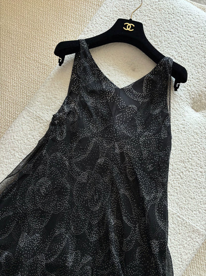 Chanel 23K Black Polka Dot Camellia Print Dress