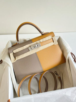 Hermes Mini Kelly 20 Casaque Etoupe / Sesame / Bleu Indigo Epsom Palladium hardware