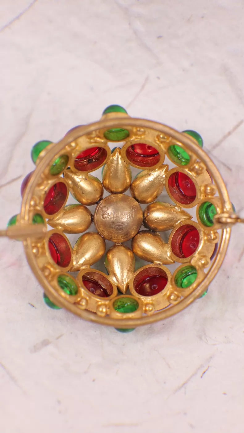 Chanel Red and Green Glass Flower Brooch