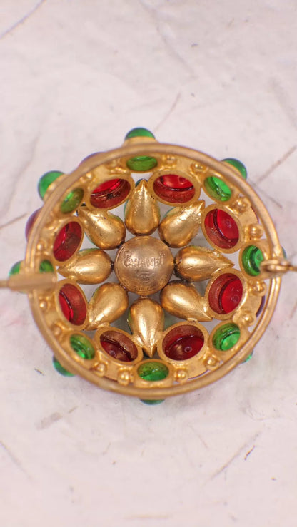 Chanel Red and Green Glass Flower Brooch