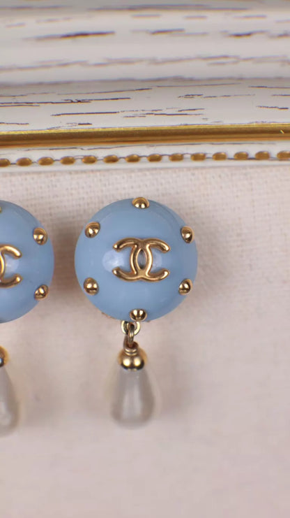 Chanel 96 Blue Studded Pearl Pendant Earrings