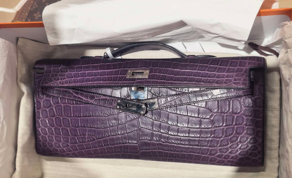 Hermes Kelly cut Amethyst Matte Niloticus Palladium hardware