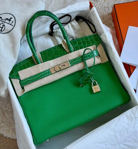 Hermès Birkin handbag in bright green with glossy crocodile flap, grained leather body and silver-tone padlock