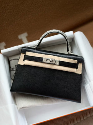 Hermes Mini Kelly 20 Touch Obre Llizard / Blacj Chevre Palladium hardware