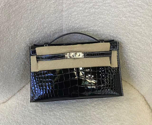 Hermes Kelly pochette HSS black shiny alligator palladium hardware