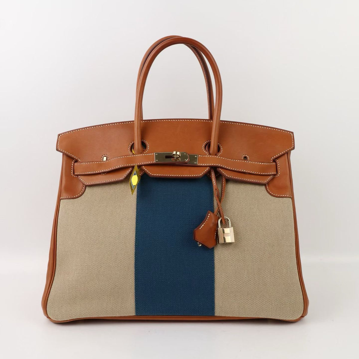 Hermes Birkin 35 Flag Fauve Barenia & Ficelle / Bleu de Galice Toile H Gold hardware