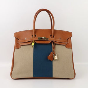 Hermes Birkin 35 Flag Fauve Barenia & Ficelle / Bleu de Galice Toile H Gold hardware