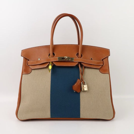 Hermes Birkin 35 Flag Fauve Barenia & Ficelle / Bleu de Galice Toile H Gold hardware
