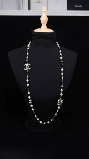 Chanel 08 Black and White Pearl Pendant Long Necklace