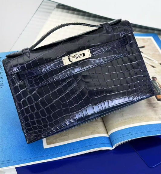 Hermes Kelly pochette blue marine shiny niloticus palladium hardware