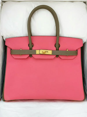 Hermes Birkin 30 HSS Rose Lipstick / Etoupe Epsom Brushed gold hardware