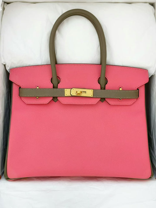 Hermès Birkin handbag in coral pink and taupe-grey leather with brushed gold hardware and rolled top handles