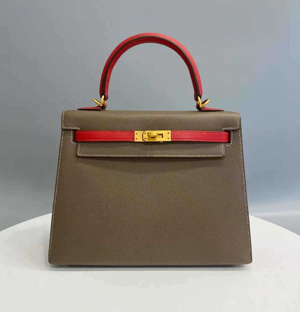 Hermes Kelly 25 HSS etoupe x rouge casaque Epsom brused gold hardware