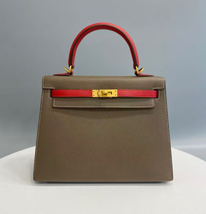 Hermes Kelly 25 HSS etoupe x rouge casaque Epsom brused gold hardware