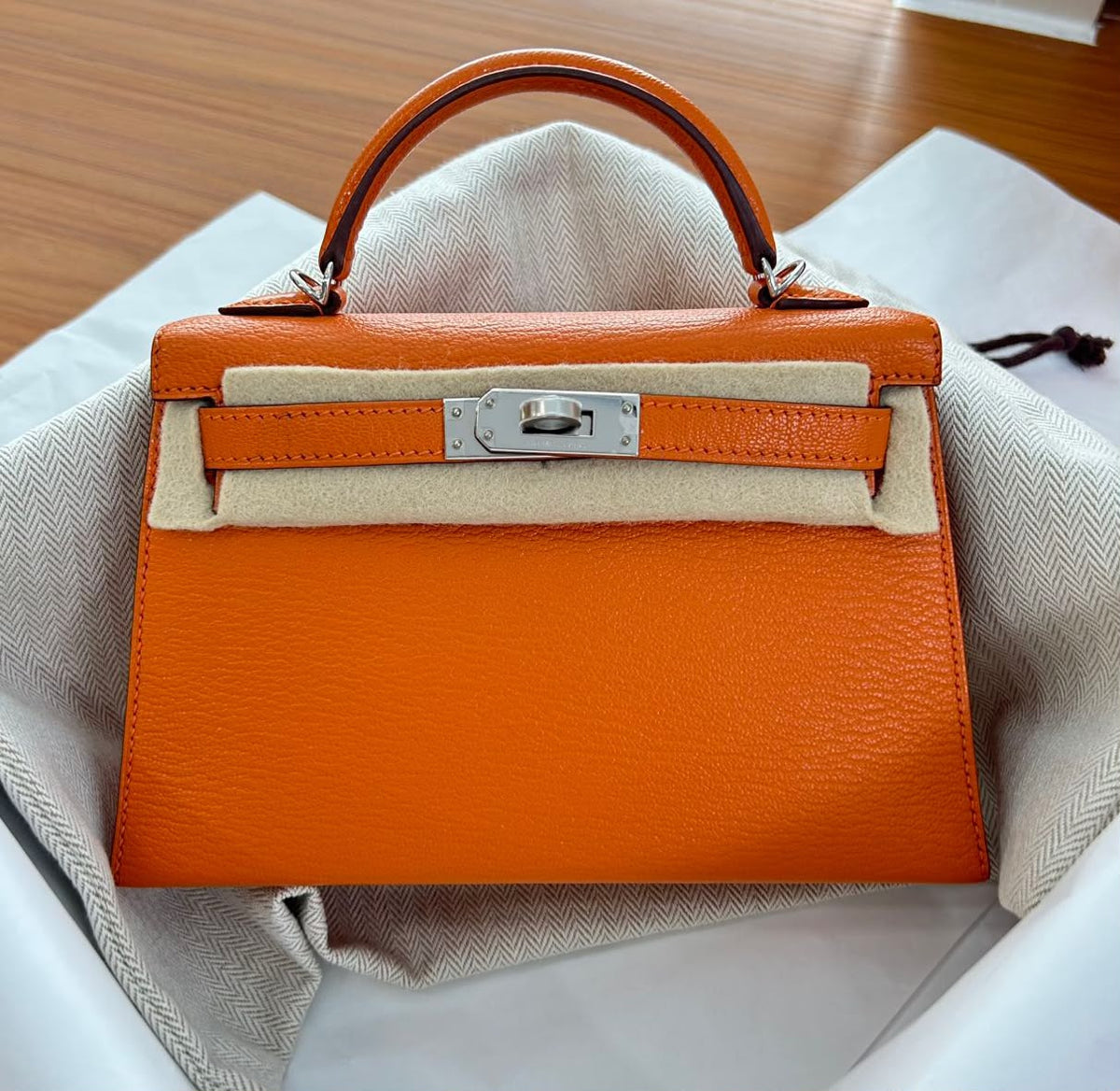 Hermes Mini Kelly 20 Orange Chevre Palladium hardware