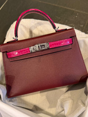 Hermes Mini Kelly20 Touch Rose Mexico Shiny Alligator & Rouge Sellier Madame Palladium hardware