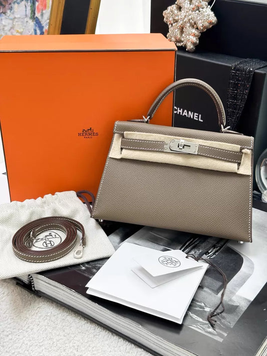 Hermes mini Kelly 20 Etoupe Epsom leather palladium hardware