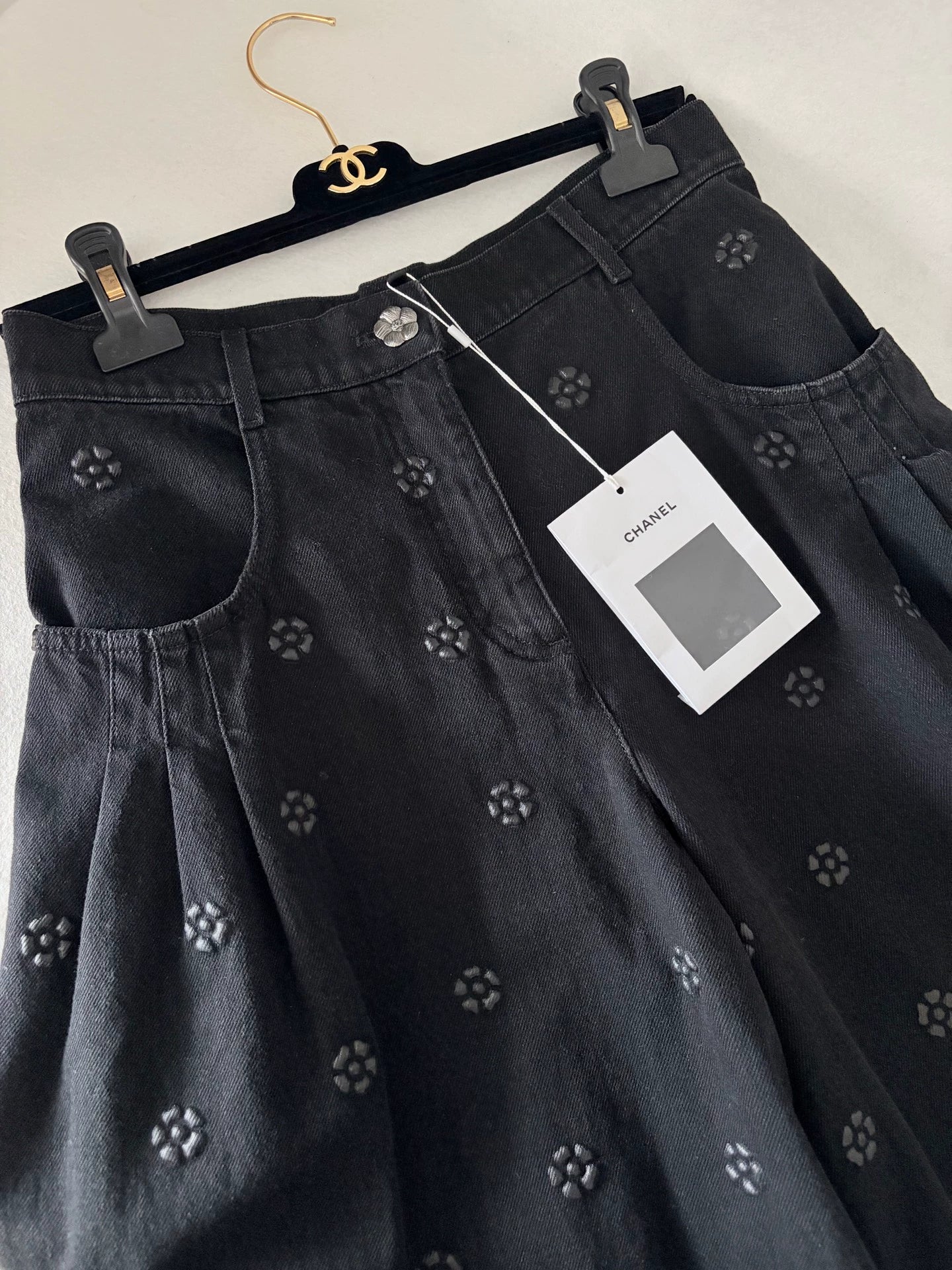 Chanel 23K Black Embossed Camellia Wide-Leg Pants