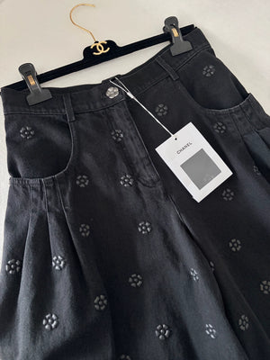 Chanel 23K Black Embossed Camellia Wide-Leg Pants