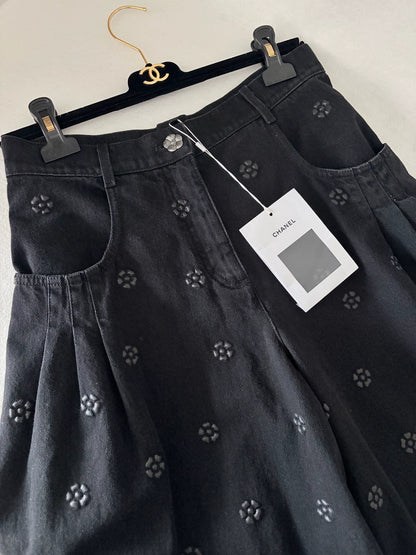 Chanel 23K Black Embossed Camellia Wide-Leg Pants