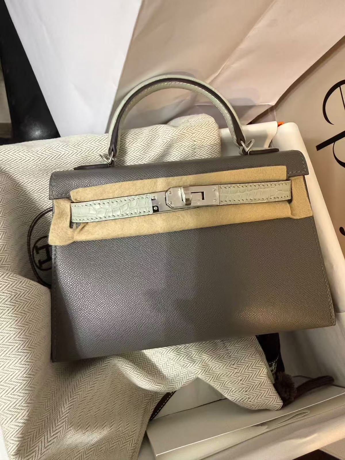 Hermes Mini Kelly 20 Touch Gris Meyer Madame & Gris Neve Matte Alligator Palladium hardware