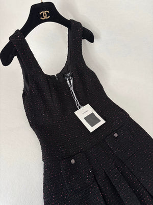 Chanel 25a Black Tweed Rose Sequined Slip Dress