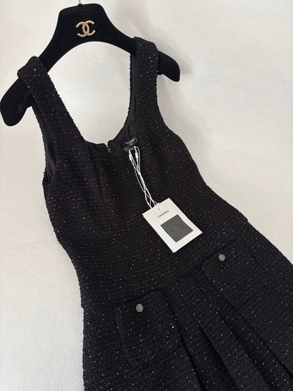 Chanel 25a Black Tweed Rose Sequined Slip Dress