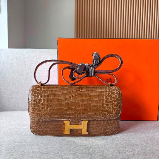 Hermes Constance Elan Ficelle Shiny Porosus gold hardware