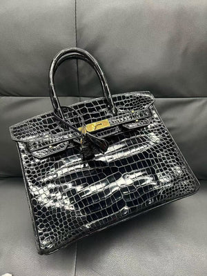 Hermes Birkin 30 Black Shiny Porosus Gold hardware