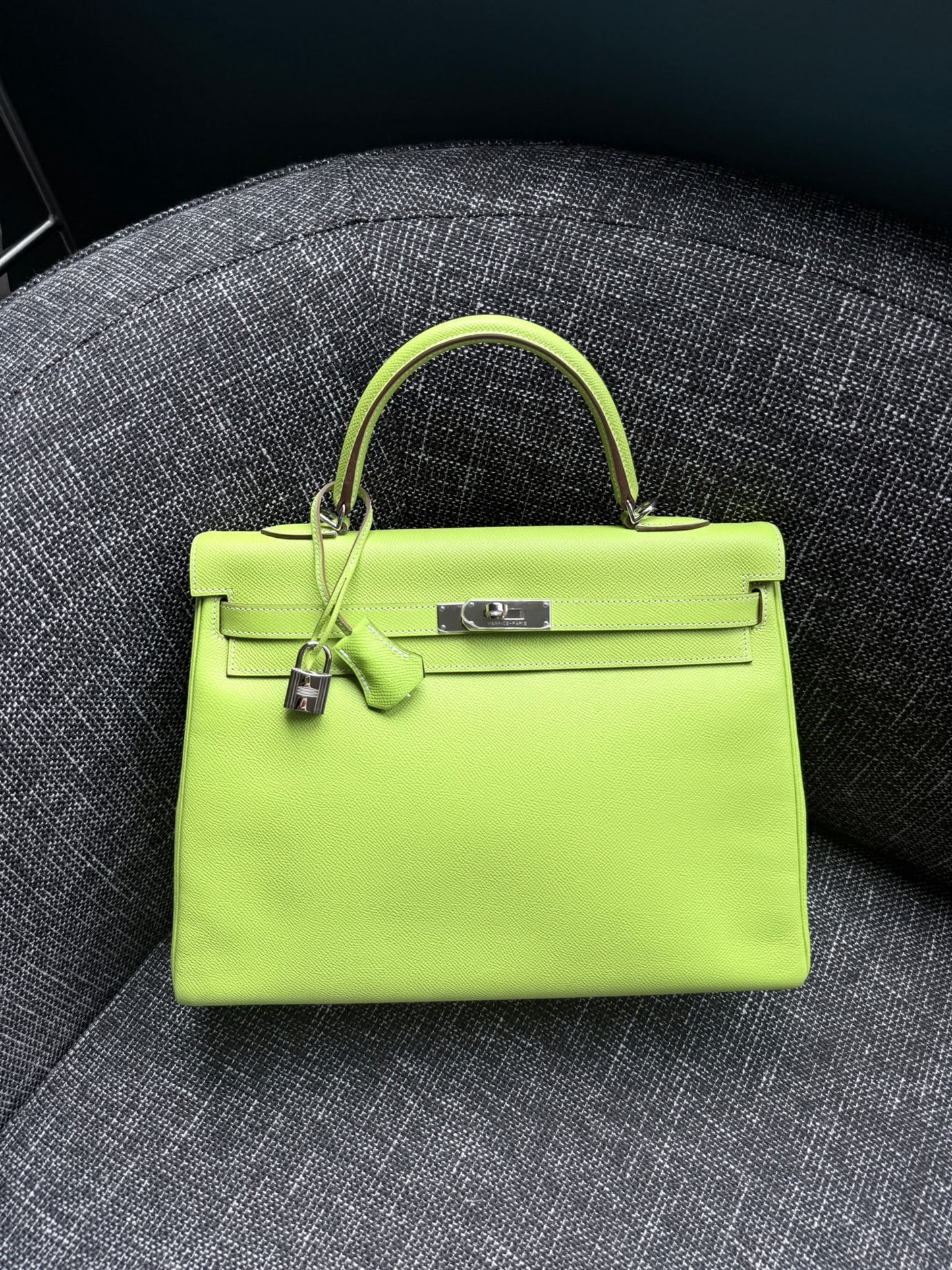 Hermes Kelly 35 Retourne in kiwi Epsom / Lichen chevre mysore palladium hardware