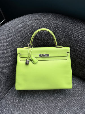 Hermes Kelly 35 Retourne in kiwi Epsom / Lichen chevre mysore palladium hardware