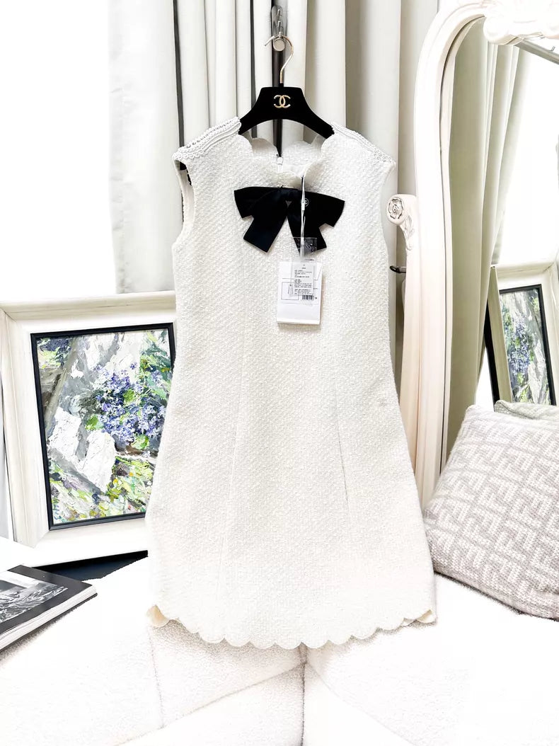 Chanel 20K White Tweed Satin Dress