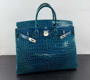 Hermes birkin 40 Bleu Izmir Shiny Porosus Palladium hardware