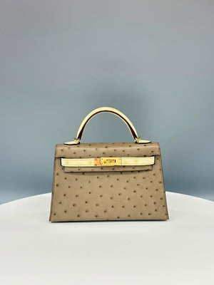 Hermes Mini Kelly 20 Parchemin / Gris Tourterelle Ostrich gold hardware