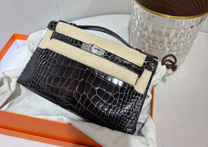 Hermes Kelly pochette Verso Graphite/Gris Perle Shiny Alligator Palladium hardware