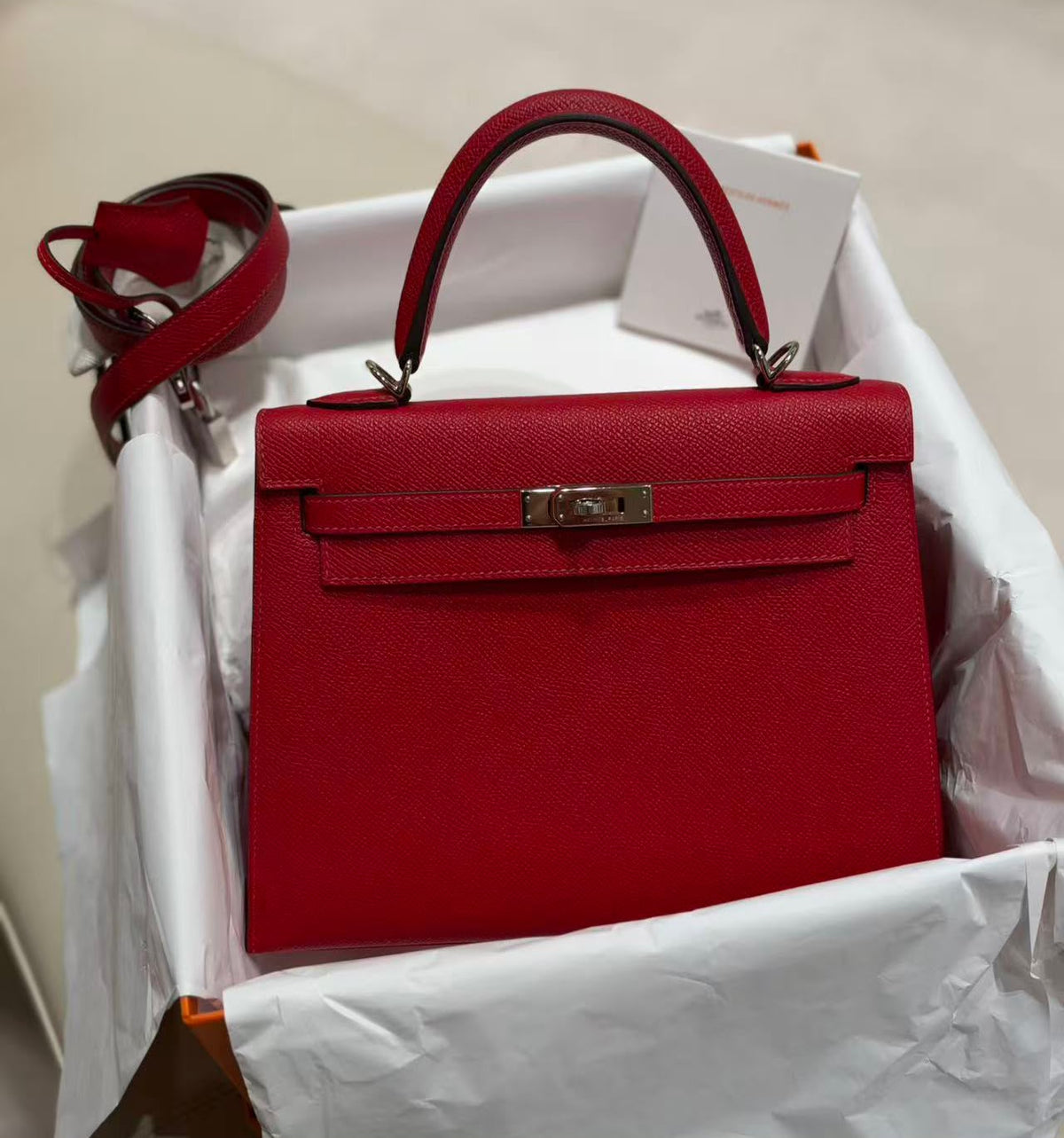 Hermes Kelly 25 sellier rouge casaque Epsom palladium hardware