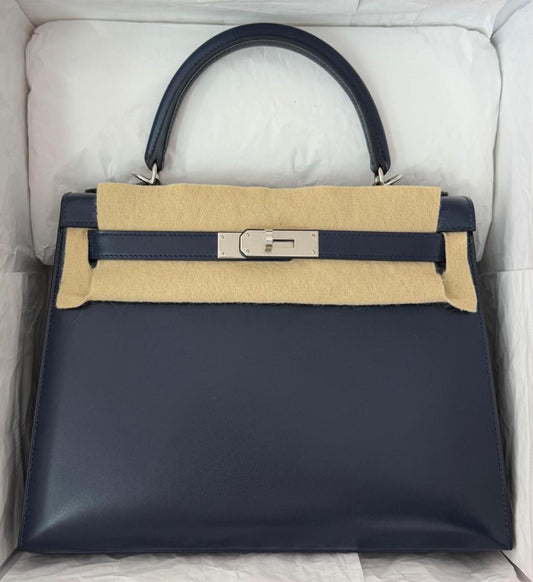 Hermes Kelly 28 Blue Abysse Box Palladium hardware