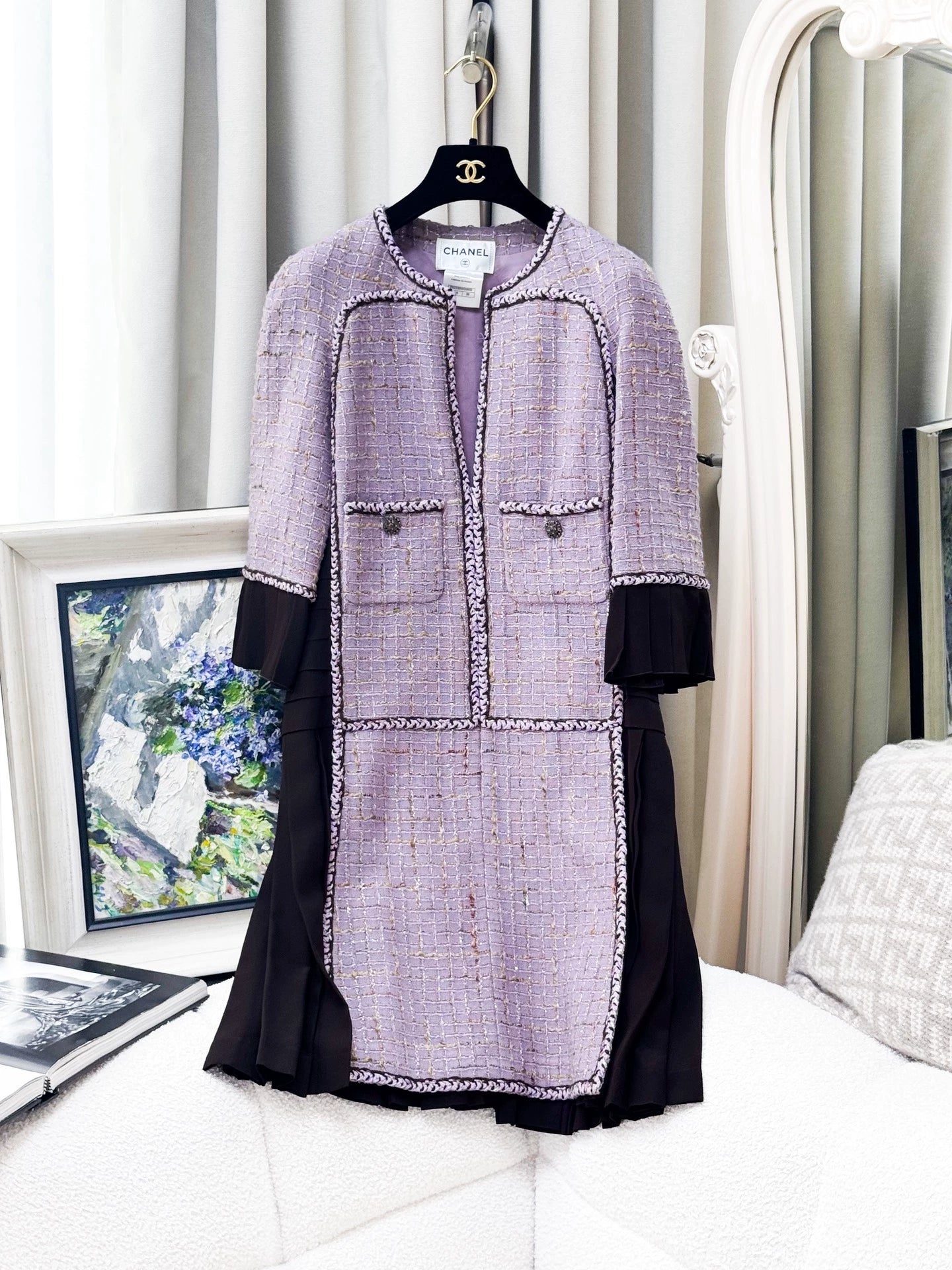 Chanel 15B lavender purple tweed and silk dress