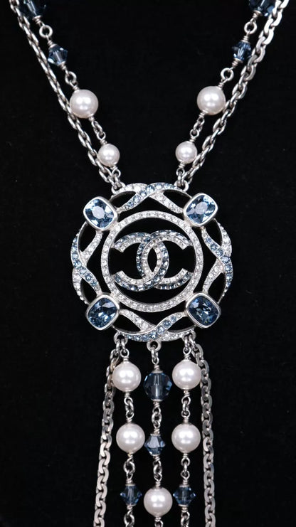 Chanel 19 Blue Rhinestone Openwork CC Tassel Pendant Necklace