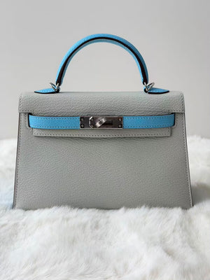 Hermes Mini Kelly 20 Gris Perle / Bleu Celeste Chevre Palladium hardware